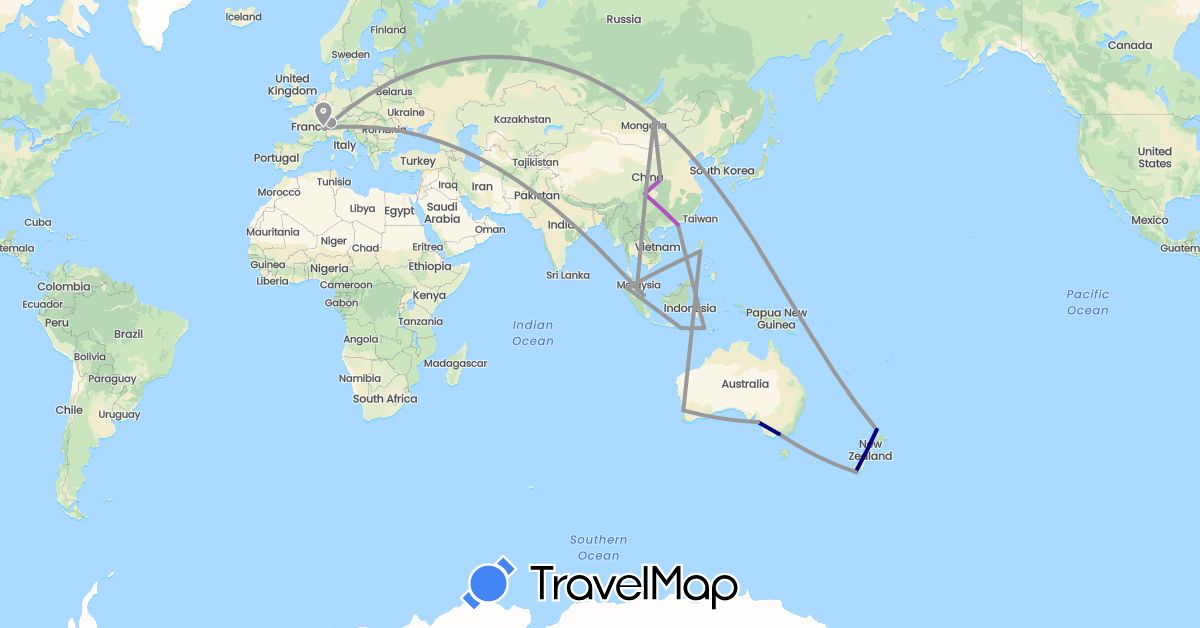 TravelMap itinerary: driving, plane, train in Australia, Switzerland, China, Indonesia, Mongolia, Malaysia, New Zealand, Philippines, Singapore (Asia, Europe, Oceania)